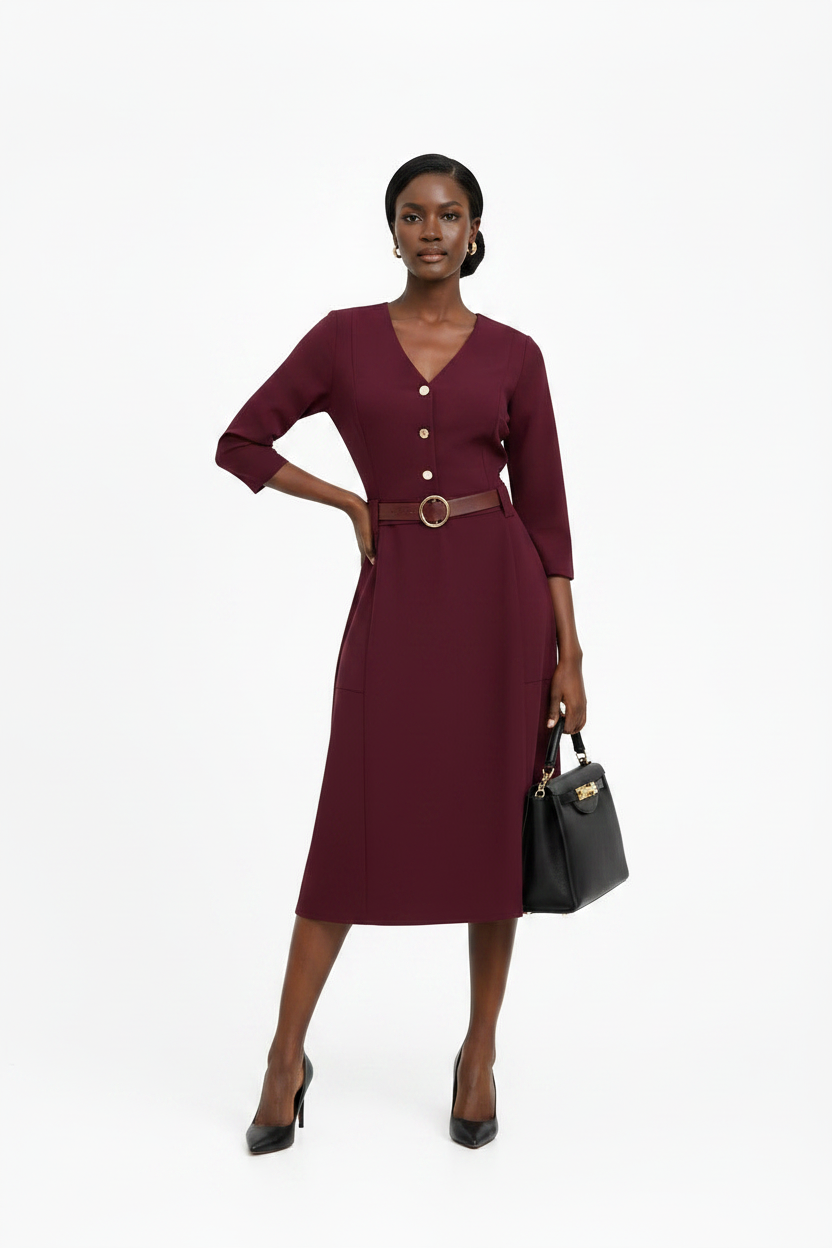 Burgundy Belt Detail Midi Dress