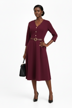 Burgundy Belt Detail Midi Dress