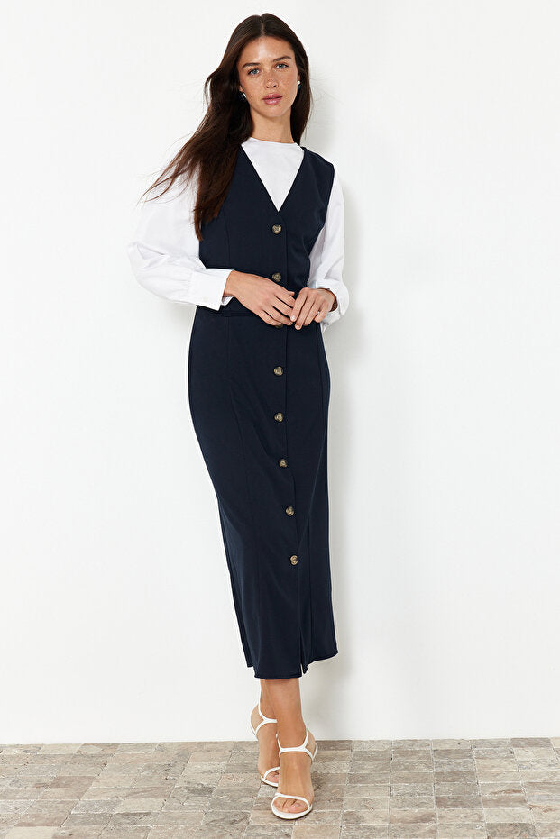 Modest Navy Button-Front Vest Dress with Inner