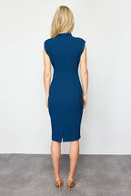 Petrol Body-Fitting High Neck Midi Dress