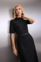 Black Midi Belted Knit Dress
