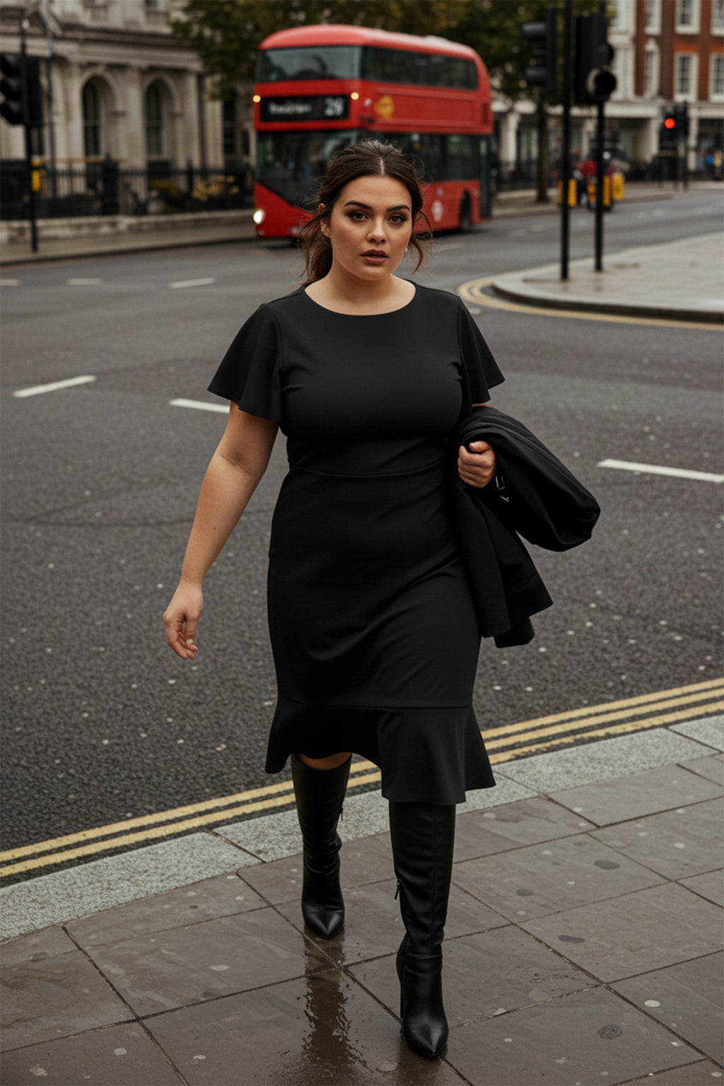 Black Fitted Midi Dress with Woven Sleeves