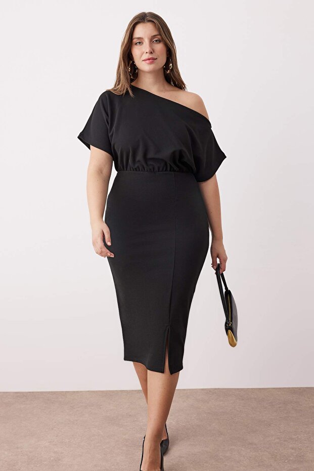 Asymmetrical Neckline Slit Crepe Dress