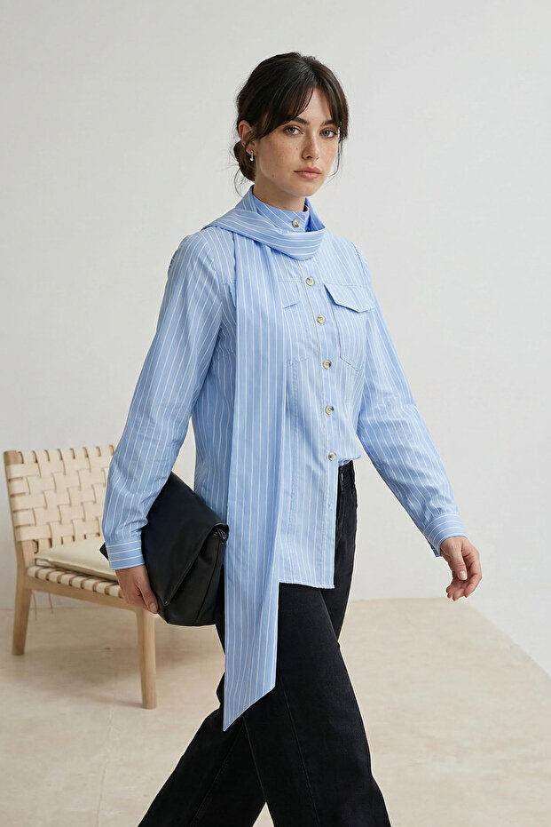 Striped Shawl Collar Detail Regular Fit Shirt