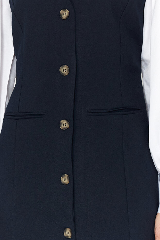 Modest Navy Button-Front Vest Dress with Inner