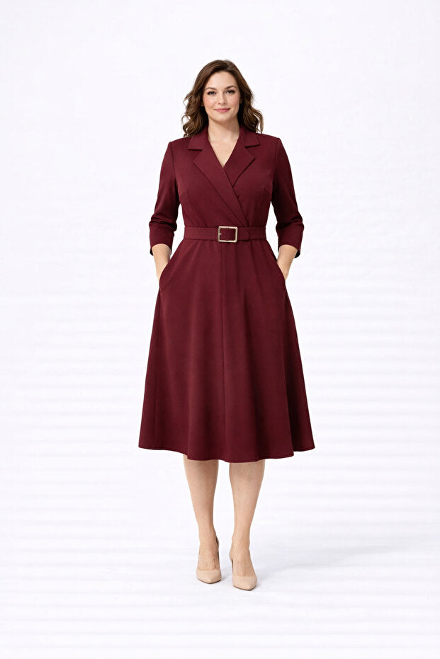 Burgundy Wrap Neck Belted Midi Dress