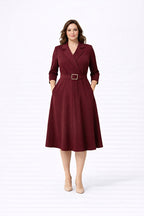 Burgundy Wrap Neck Belted Midi Dress