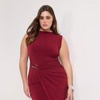 Burgundy Bodycon Midi Dress with Accessory Details