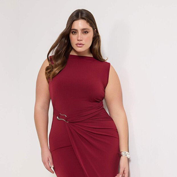 Burgundy Bodycon Midi Dress with Accessory Details