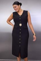 Black Belted Midi Woven Dress