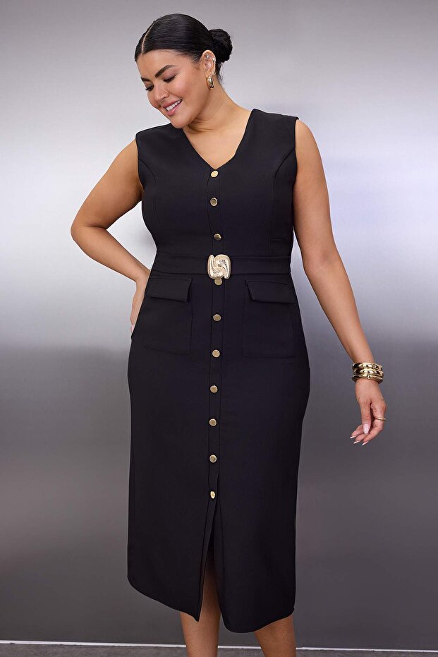 Black Belted Midi Woven Dress