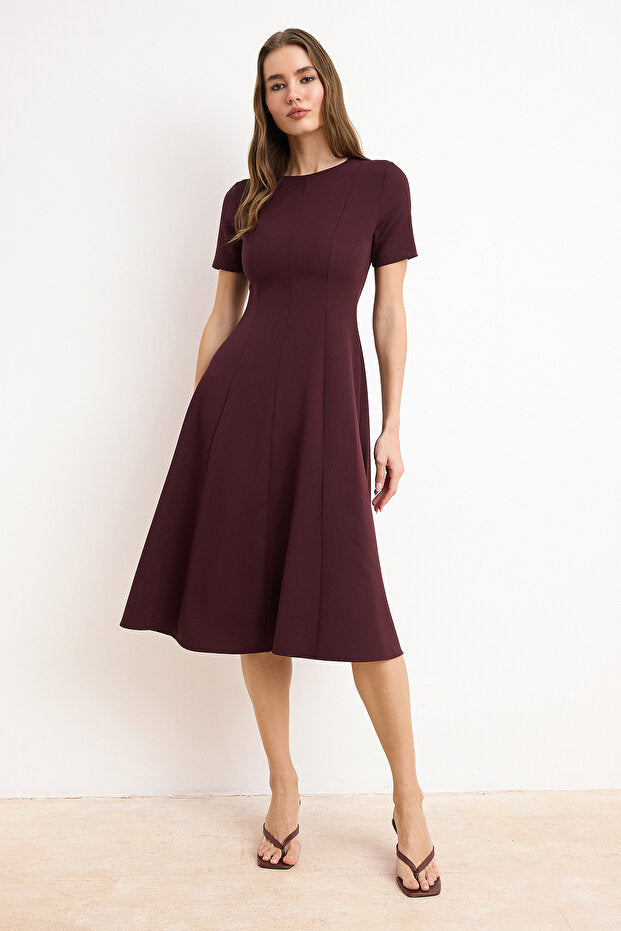Dark Burgundy Flared Waist Midi Woven Dress