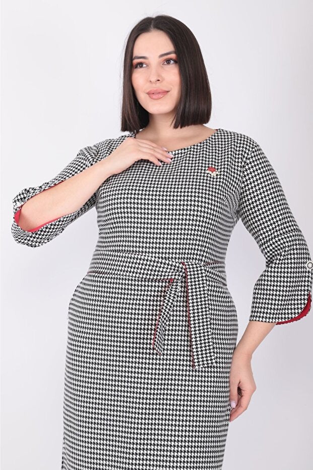Plus Size Black and White Houndstooth Belted