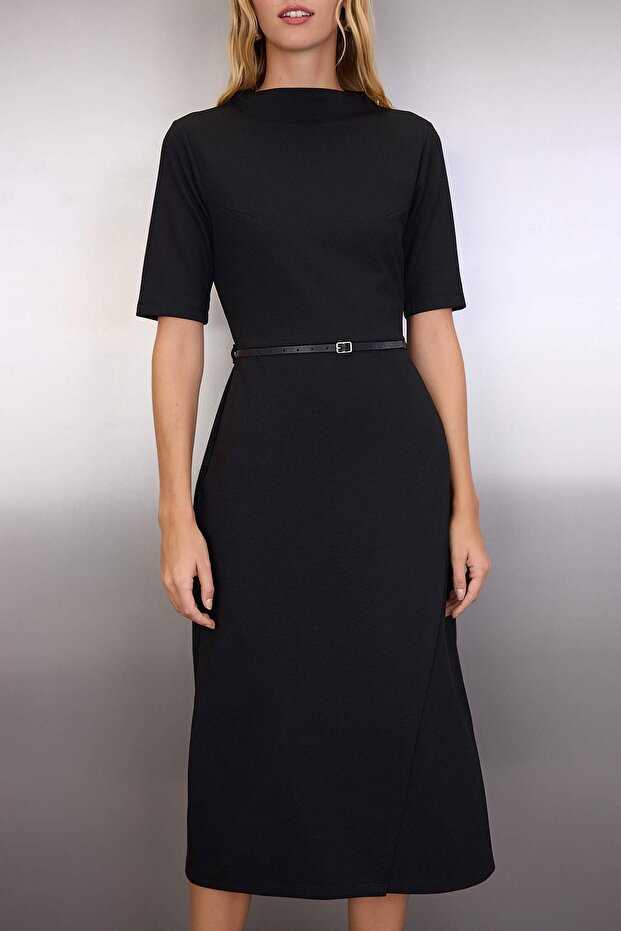 Black Midi Belted Knit Dress