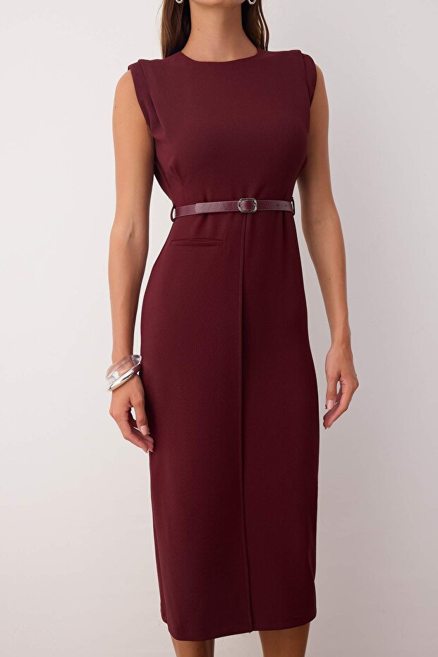 Burgundy Woven Midi Dress with Belt Detail