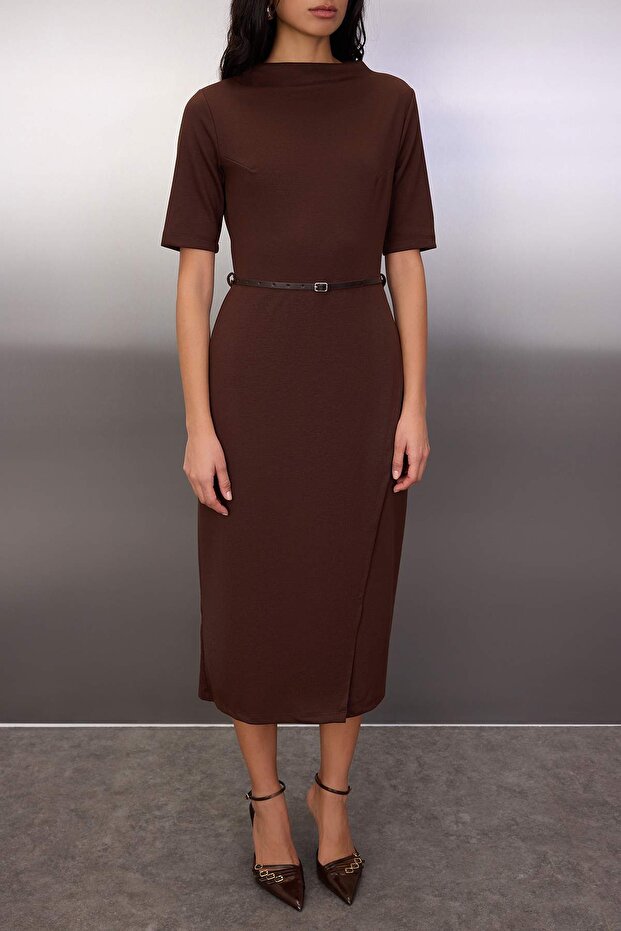 Brown Belted Midi Knit Dress
