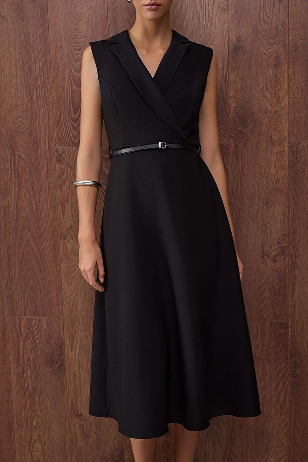 Black Belt Detail Midi Woven Dress