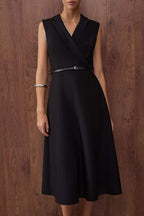 Black Belt Detail Midi Woven Dress