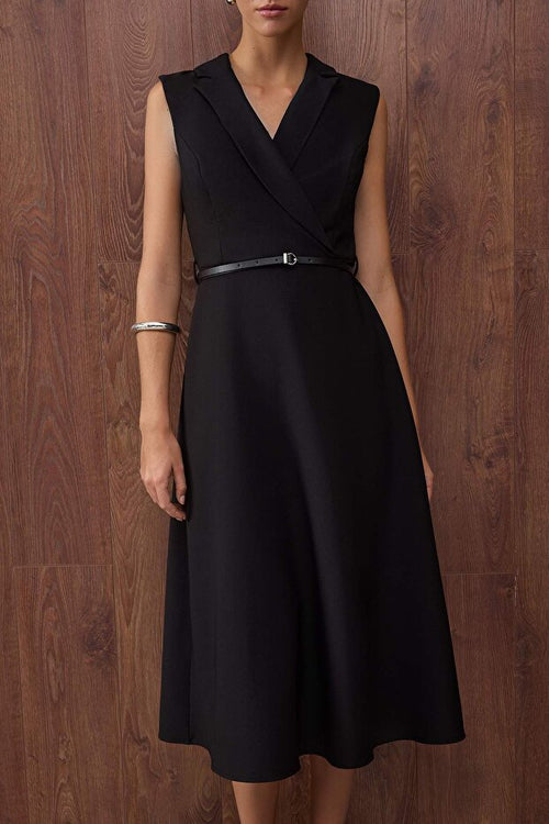 Black Belt Detail Midi Woven Dress