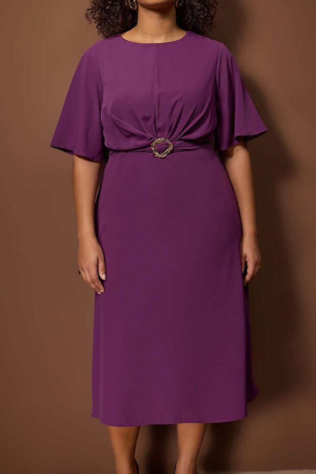 Royal Purple Flutter-Sleeve Belted Midi Dress