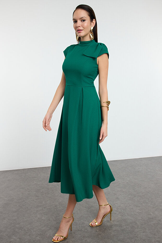 Green A-Line Pleated Woven Dress
