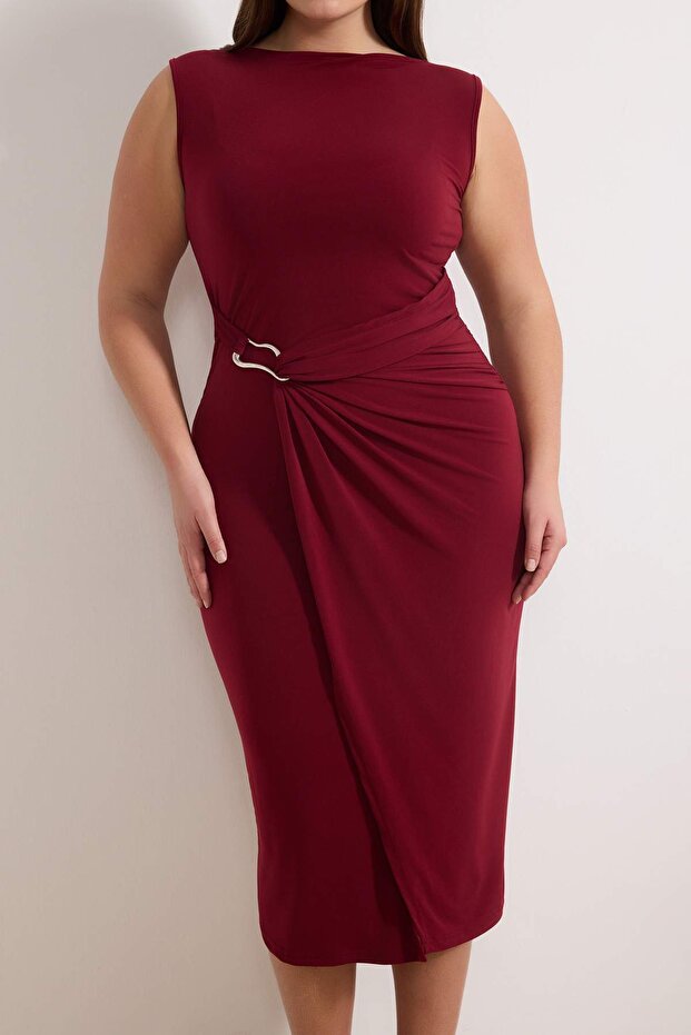 Burgundy Bodycon Midi Dress with Accessory Details