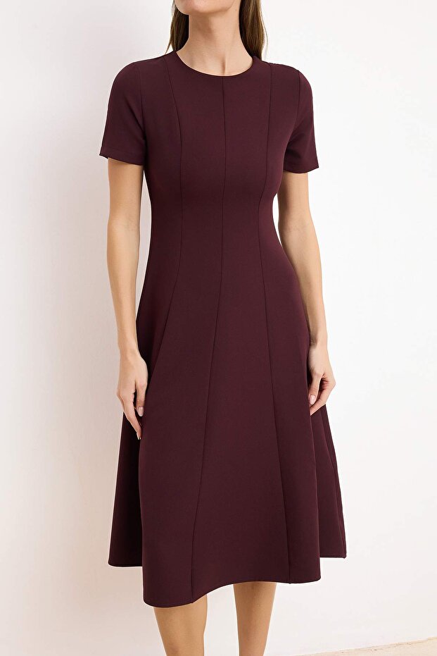 Dark Burgundy Flared Waist Midi Woven Dress