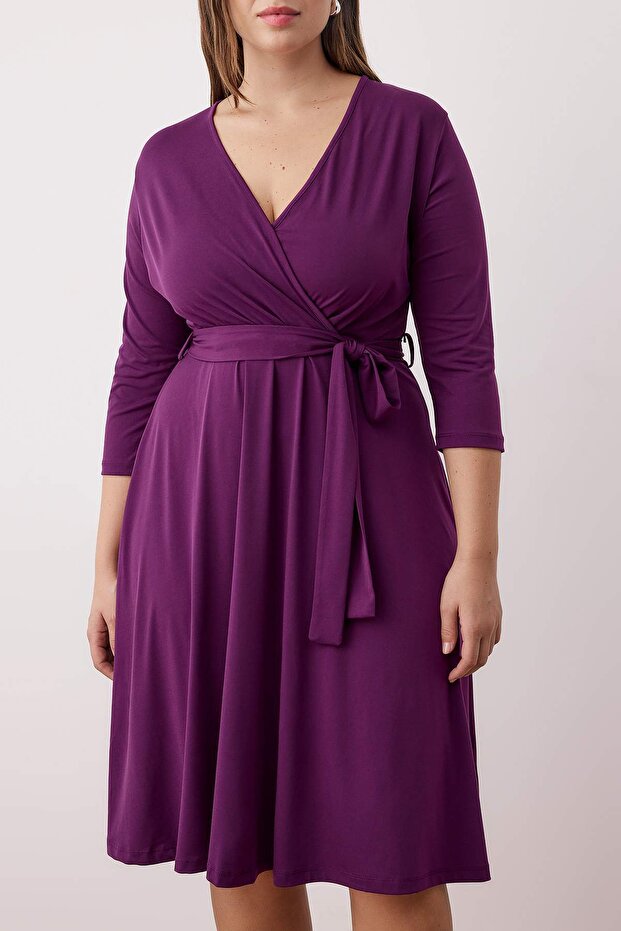 Purple Belted A-line Dress