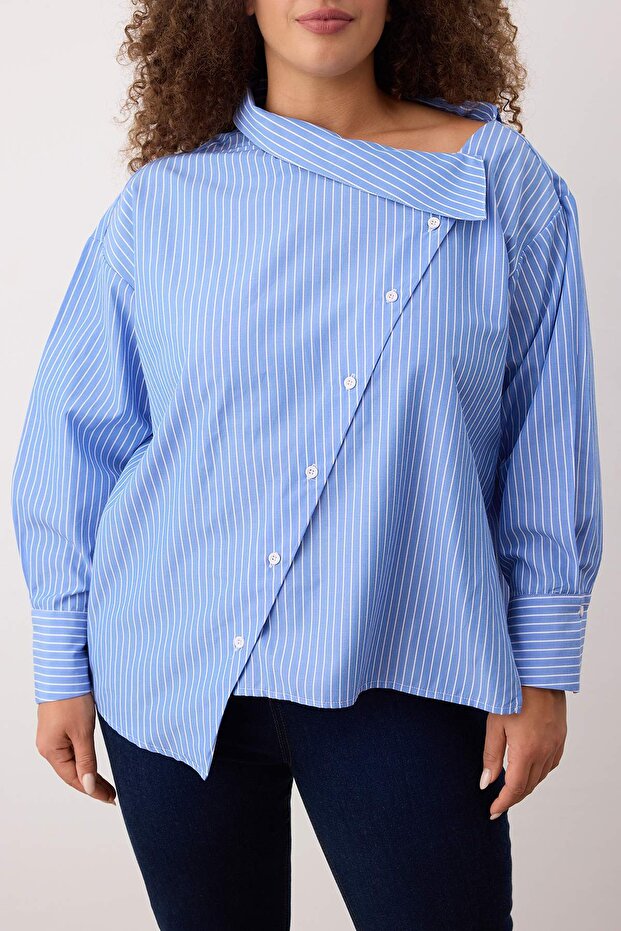 Blue Striped Asymmetric Collar Shirt