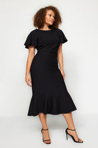Black Fitted Midi Dress with Woven Sleeves