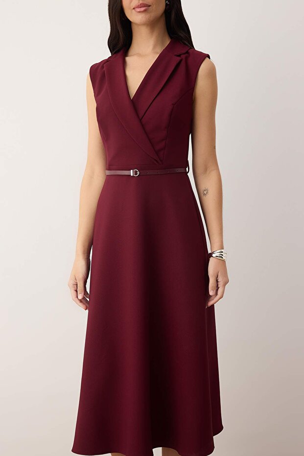 Dark Burgundy Midi Woven Dress with Belt