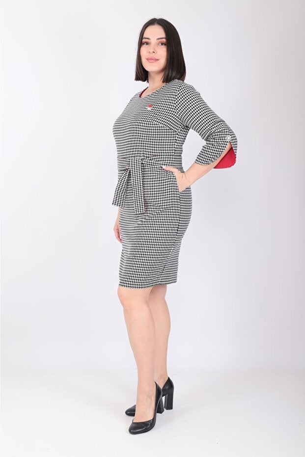 Plus Size Black and White Houndstooth Belted