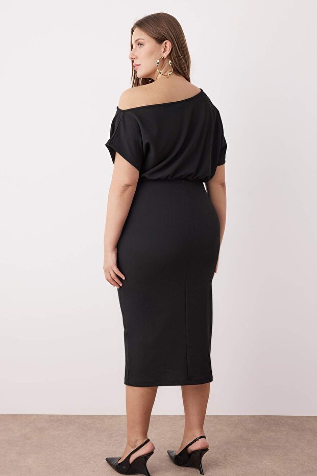Asymmetrical Neckline Slit Crepe Dress