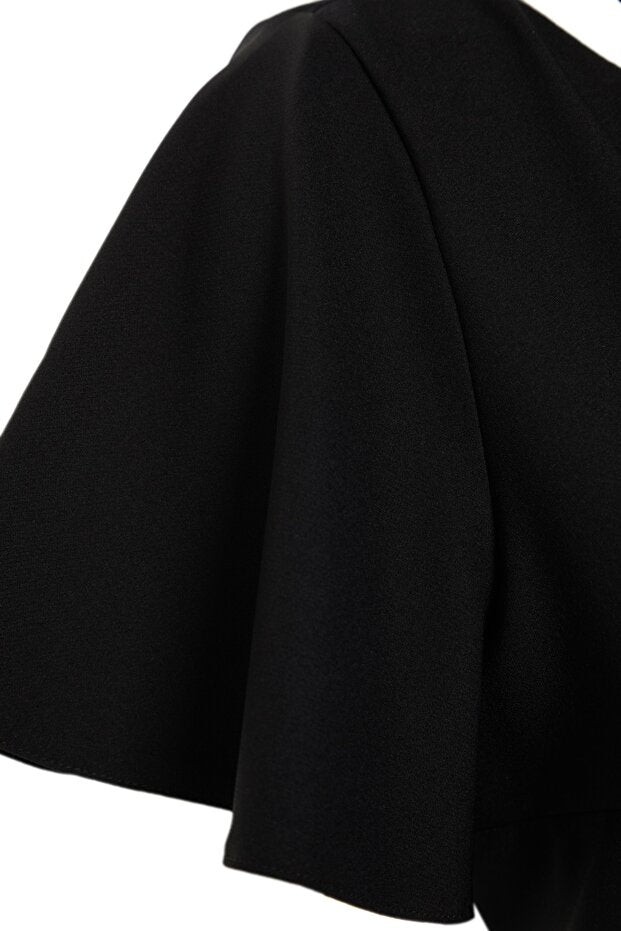 Black Fitted Midi Dress with Woven Sleeves