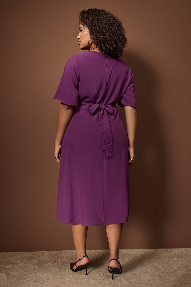 Royal Purple Flutter-Sleeve Belted Midi Dress