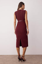 Burgundy Woven Midi Dress with Belt Detail