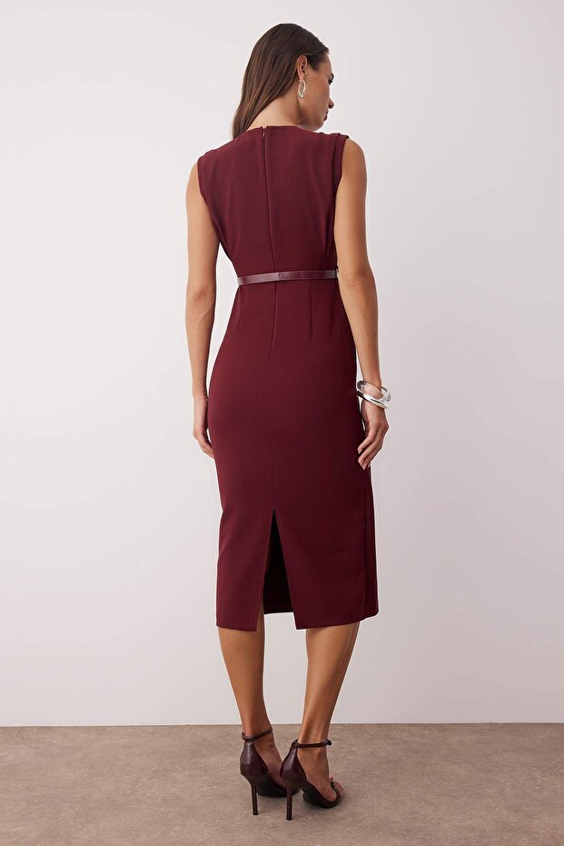 Burgundy Woven Midi Dress with Belt Detail