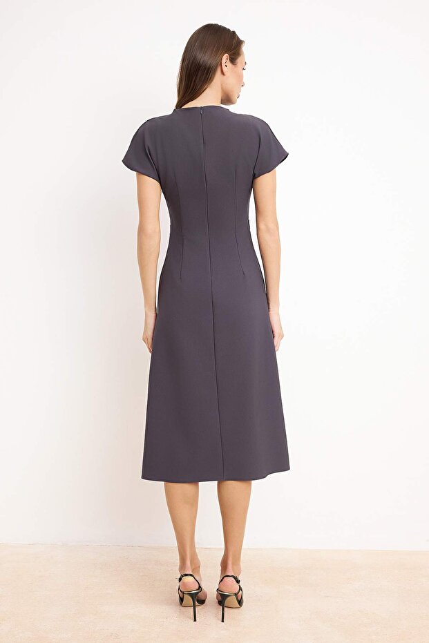 Charcoal Grey A-Line Midi Woven Dress