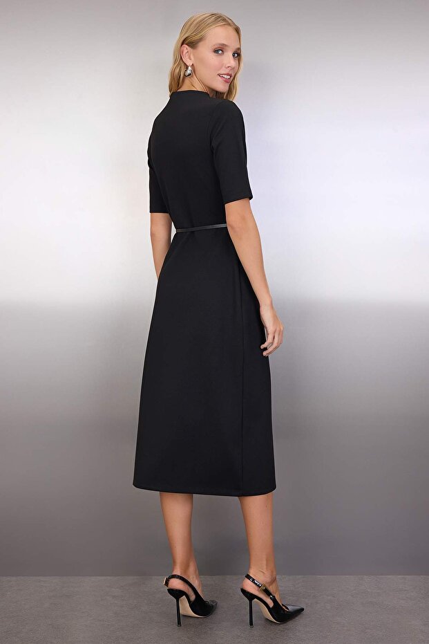 Black Midi Belted Knit Dress