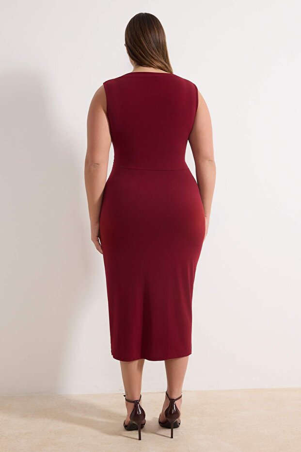 Burgundy Bodycon Midi Dress with Accessory Details