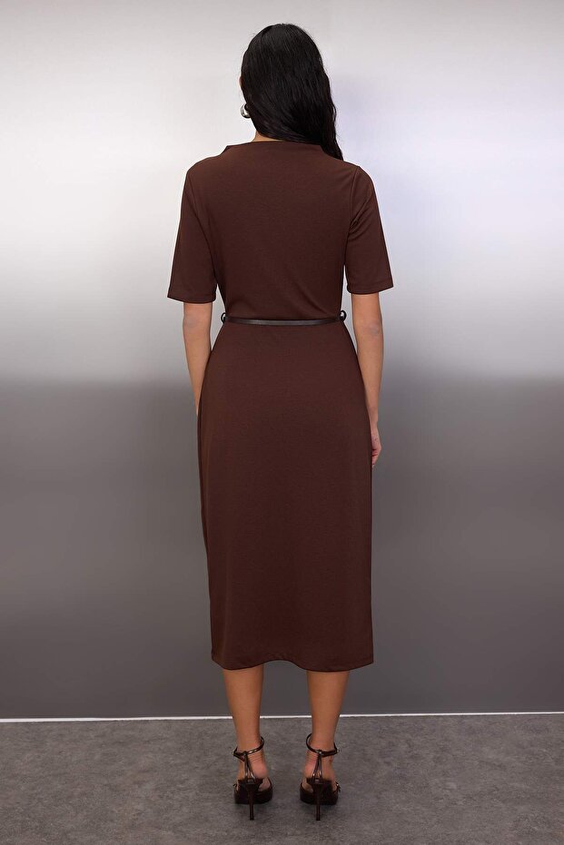 Brown Belted Midi Knit Dress
