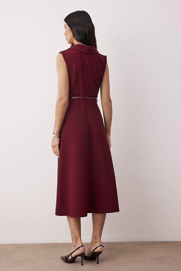 Dark Burgundy Midi Woven Dress with Belt
