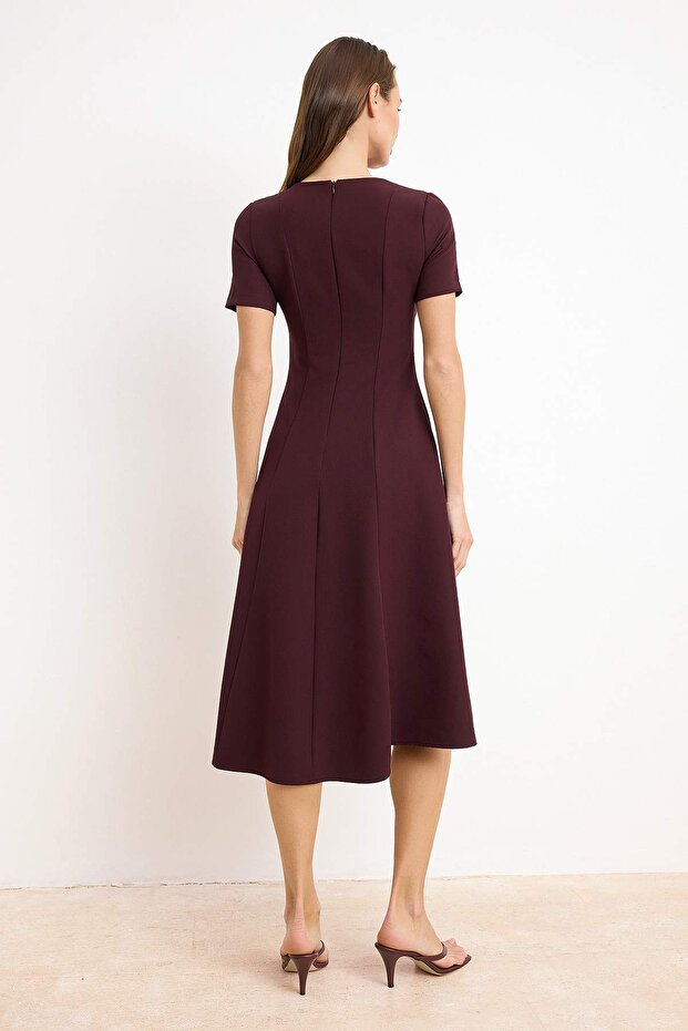 Dark Burgundy Flared Waist Midi Woven Dress