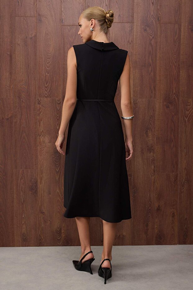 Black Belt Detail Midi Woven Dress