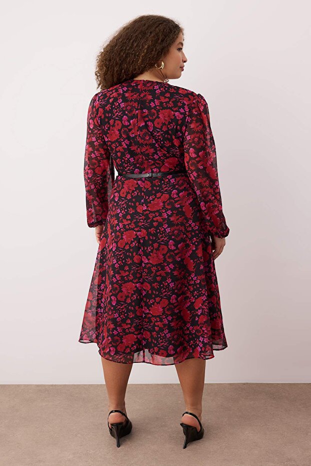 Burgundy Floral Belted Dress