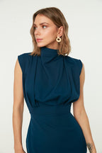 Petrol Body-Fitting High Neck Midi Dress