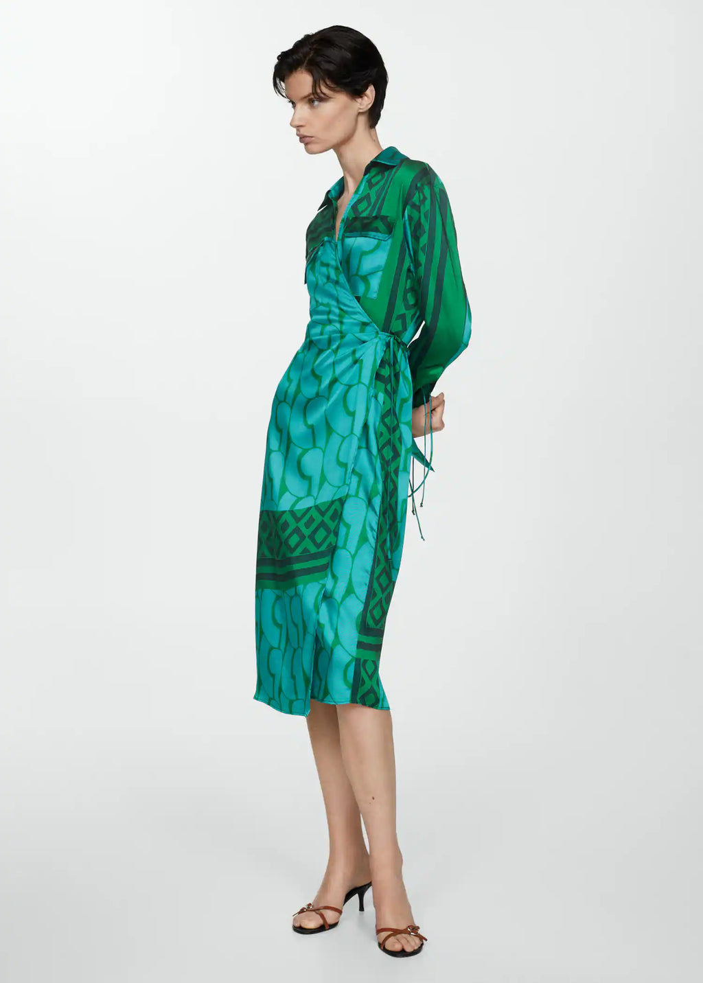 Mango Green Patterned Bow Dress