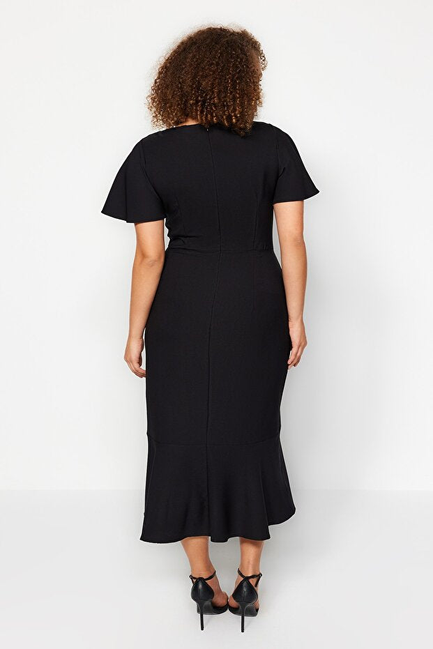 Black Fitted Midi Dress with Woven Sleeves