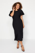 Black Fitted Midi Dress with Woven Sleeves