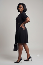 Black Pleated Buckle-Detail Dress